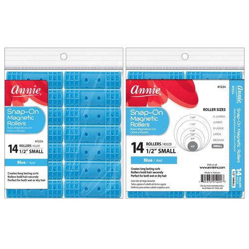 Annie Snap-On Magnetic Hair Rollers - Small 1/2 Inch, Secure Hold Without Pins - Blue, 14 Count
