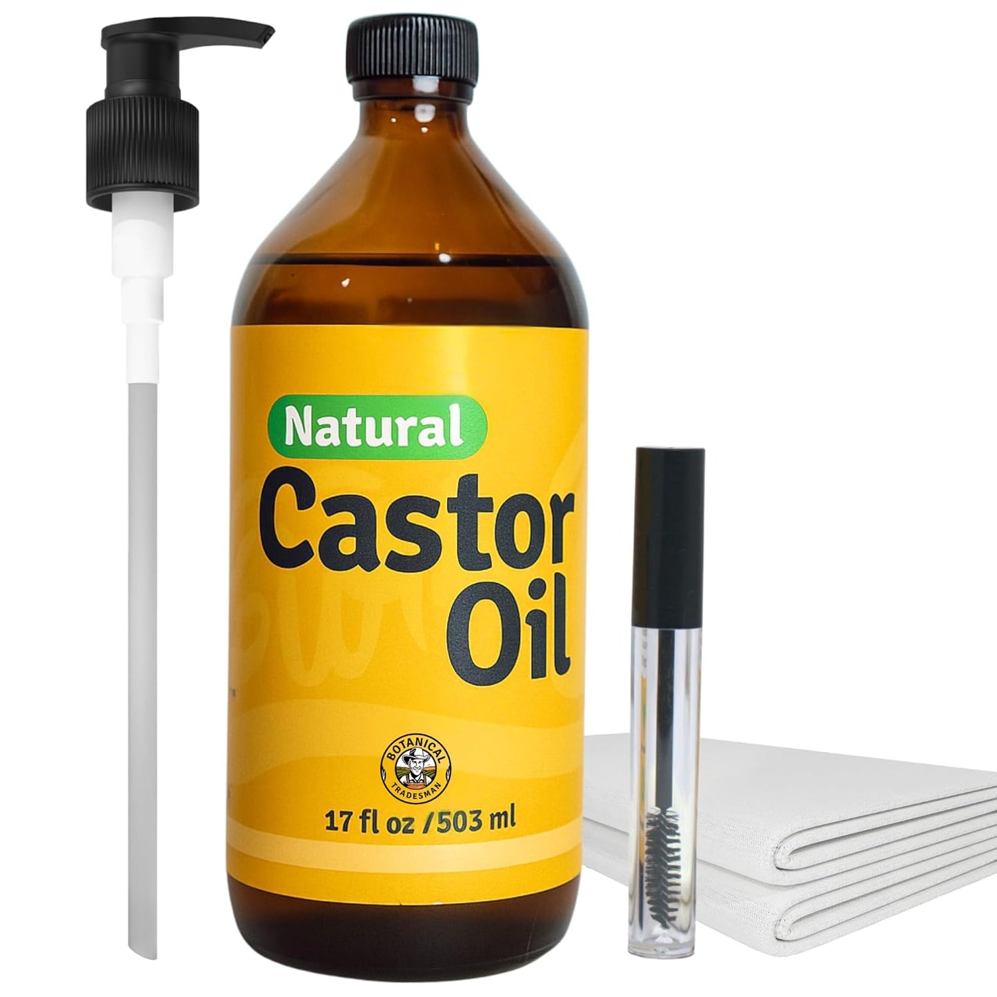 Skiennix Organic Castor Oil Kit - 100% Pure Cold Pressed, Hexane Free | 17oz Glass Bottle with 2 Reusable Cotton Flannel Wraps & Mascara Wand for Eyelashes, Eyebrows, Skin Care