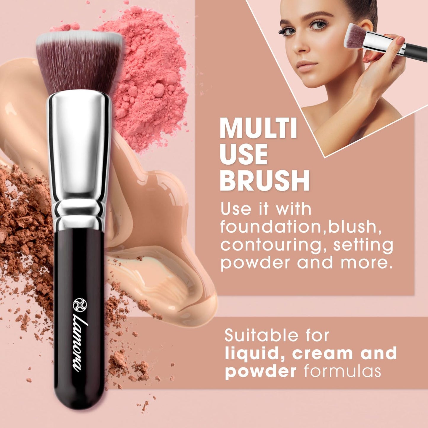 LAMORA Foundation Brush for Liquid Makeup - Kabuki Face Brush for Cream, Powder, Blush, and Concealer - Flat Top Blending, Buffing, Stippling Brush