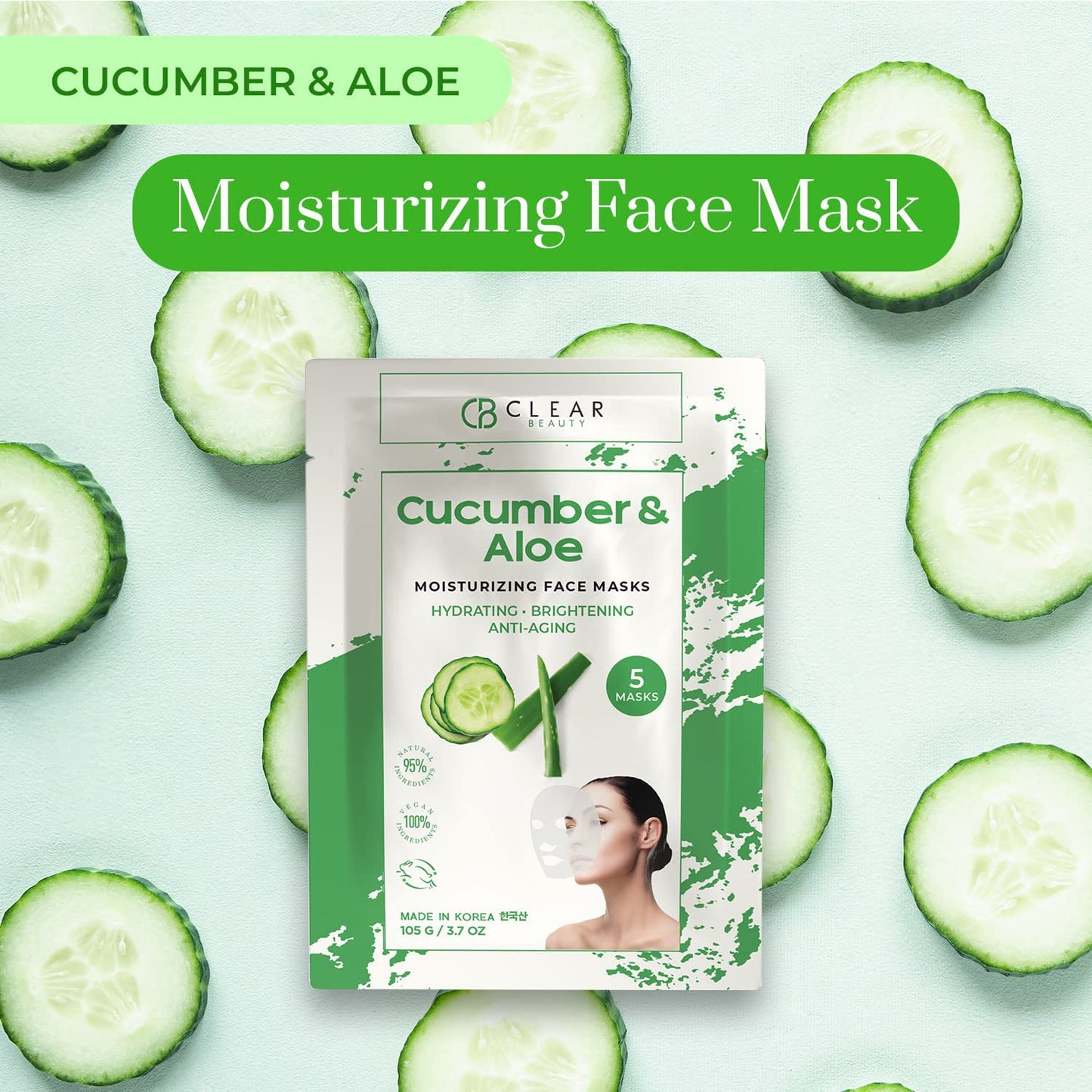 Clear Beauty Cucumber & Aloe Moisturizing Face Mask - Dermatologist Tested, Soothes Irritated Skin, Reduces Wrinkles & Fine Lines, Hydrating, Cruelty-Free Korean Skin Care - All Skin Types - 4 Pack