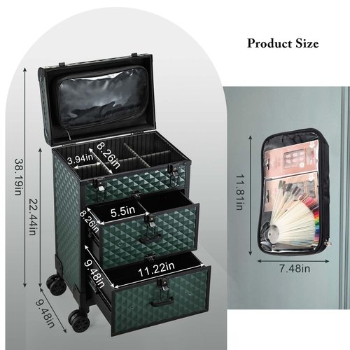 Adazzo Professional Rolling Makeup Train Case with Drawers, Makeup Case on Wheels, Nail Tech Rolling Cart Storage Organizer Trolley Make up Case for Travel Makeup/Nail Art/Hair Styling, Dark Green