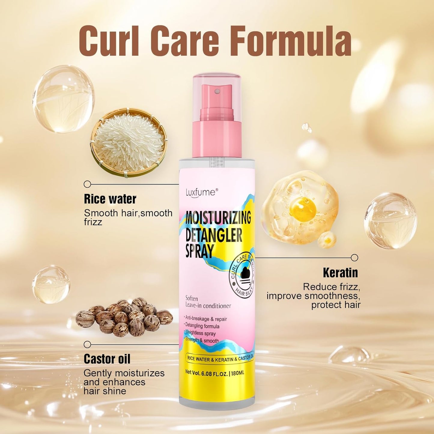 Skiennix Moisturizing Detangler Spray - Curly Hair Care with Rice Water & Keratin | 6.08 oz