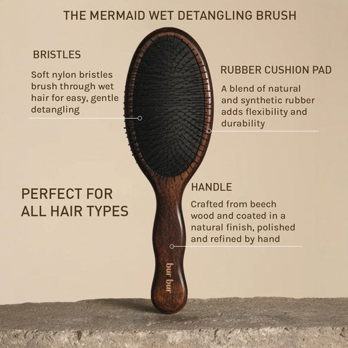 BUR BUR Mermaid Brush - Wet Detangling Hair Brush | Flexible Nylon Bristles & Wooden Handle | Scalp Massager