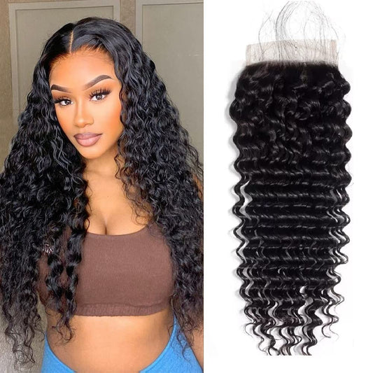 4x4 HD Lace Closure Human Hair 12 Inch Deep Wave Closure Pre Plucked with Baby Hair Free Part Transparent Lace Closure 100% Unprocessed Brazilian Virgin Human Hair Closure 1B Natural Black