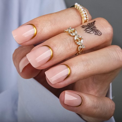 MqpQ Gold Reverse French Press On Nails Short - Soft Gel Press On Nails with Chrome Design,Square Fake Nails Kit, Glossy Reusable Nails for Women - 24pcs,Glance Back