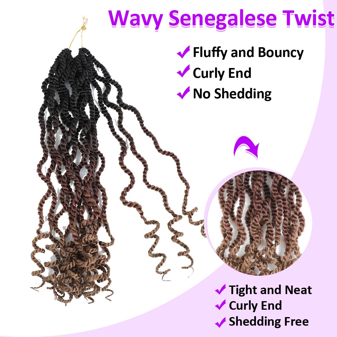 Fayasu Wavy Senegalese Twist Crochet Hair 12 Inch for Black Women Pre-twisted Kids Crochet Hair 8Packs Braids Ends Synthetic Hair Extension(12Inch Pack of 8),1B/30/27)