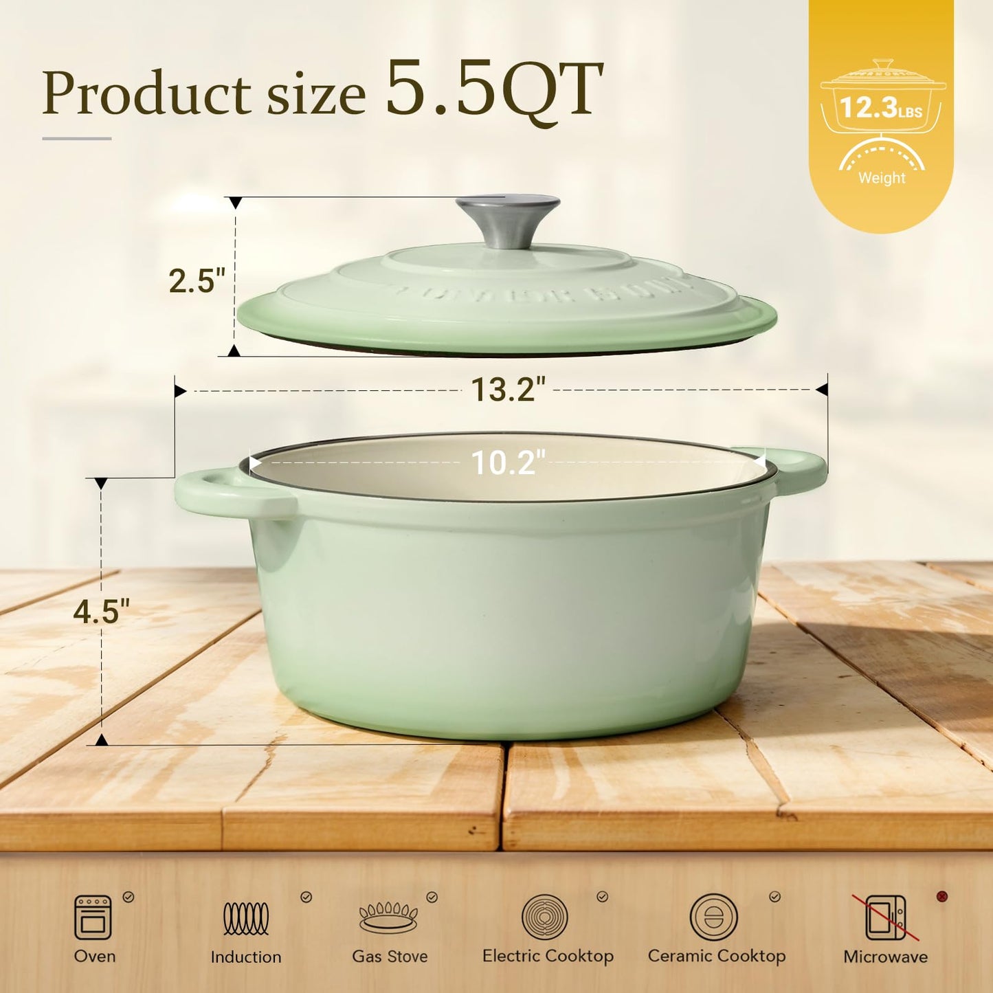 Overmont Enameled Cast Iron Dutch Oven - 4.5QT Pot with Lid Cookbook & Cotton Potholders - Heavy-Duty Cookware for Braising, Stews, Roasting, Bread Baking bottle green