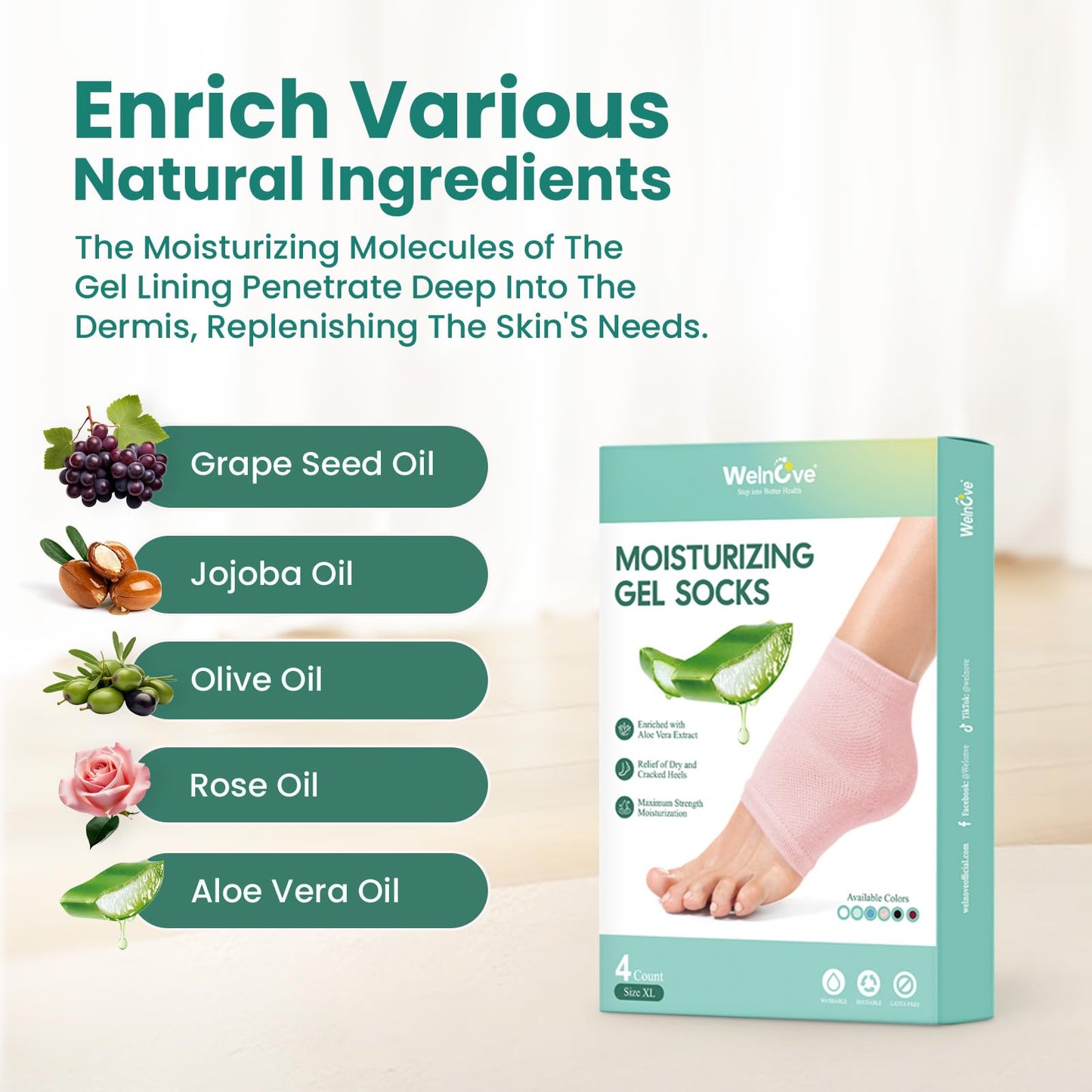 Welnove Moisturizing Heel Socks - 2 Pairs Aloe Vera Extract Infused Gel Lining for Dry Feet - Cracked Heel Repair Treatment - Cotton Socks for Women Men Foot Care (Pink, Extra Large)