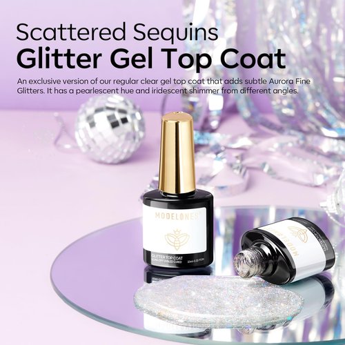 modelones Glitter Gel Nail Polish Top Coat, Rainbow Confetti Gel Top Coat with Scattered Sparkle Shimmer Sequins, Soak Off Long Lasting High Glossy Finish Home Salon DIY Manicure Nail Art