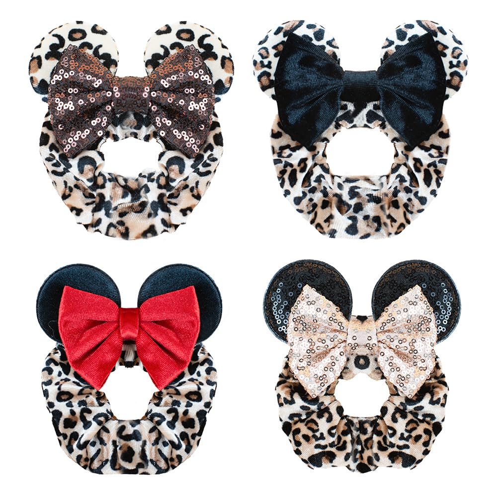 JIAHANG Velvet Cheeath Mouse Ear Hair Scrunchies, Leopard Print Costume Sequins Bow Ponytail Holder Elastic Hair Tie 4 Pack for Girls Women (leopard set)