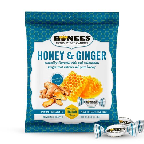 Honees Honey & Ginger Hard Candy - Natural Italian Treats with Real Honey & Ginger | 2.85 oz Pack