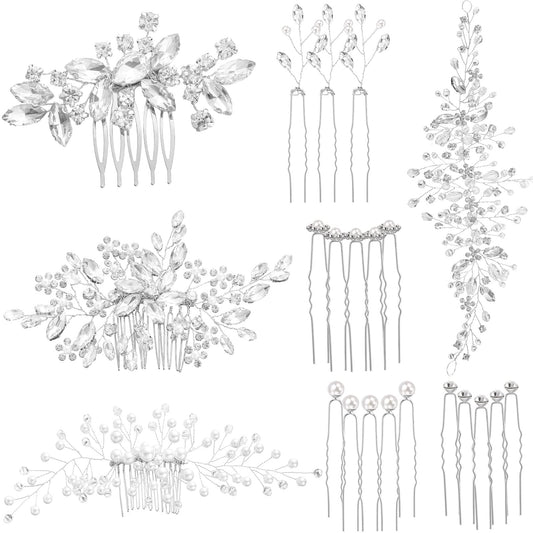 44 Pieces Wedding Hair Accessories - Faux Pearl, Crystal, Rhinestone Hair Combs, Clips and Floral Pieces for Bride and Bridesmaid (Elegant Style)