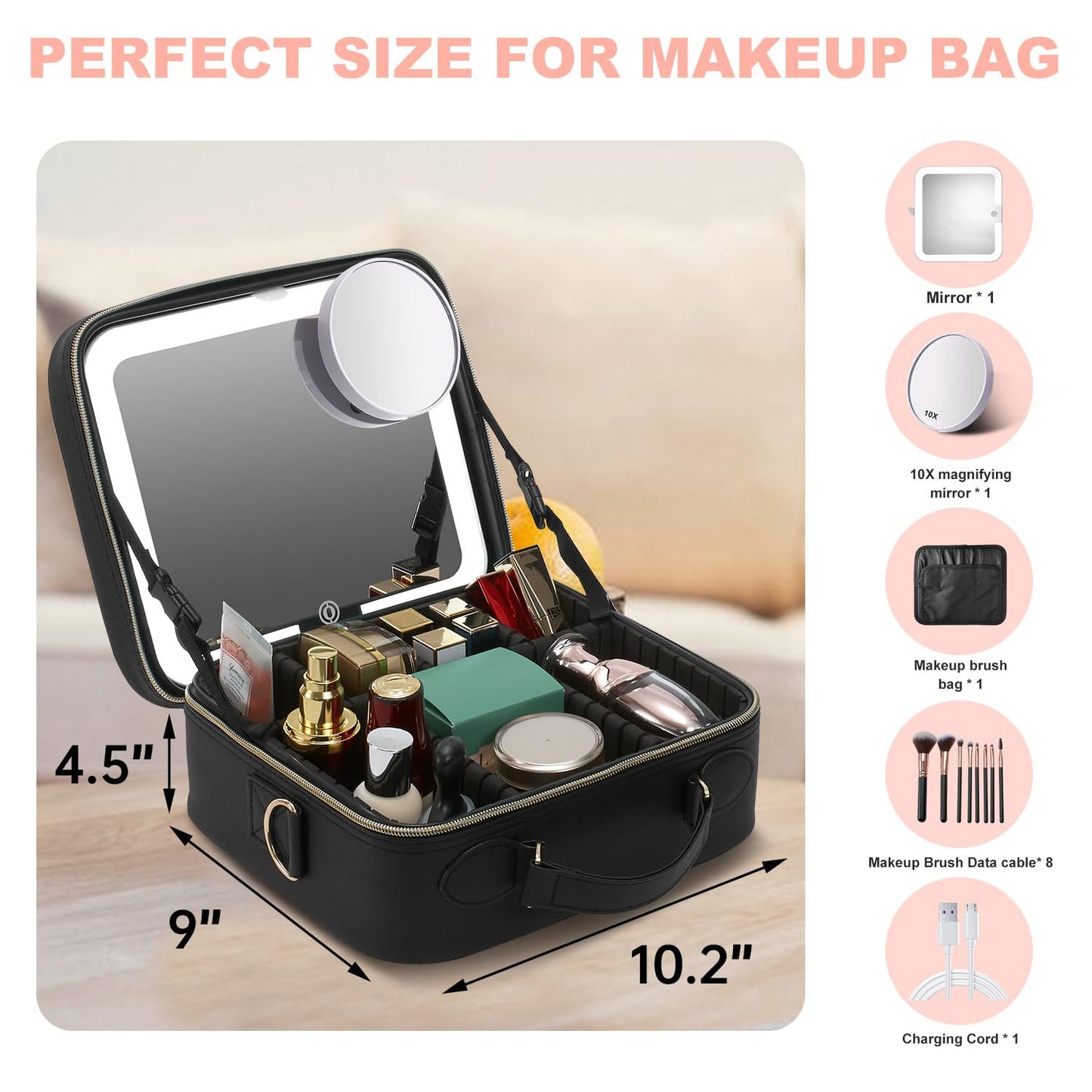 Mocado Travel Makeup Bag with LED Lighted Mirror,Travel Makeup Organizer, Makeup Case with 8 Makeup Brushes and 10x Magnifying Mirror, 3 Color Lighting, Adjustable Divider Makeup Box(Black Lozenge)