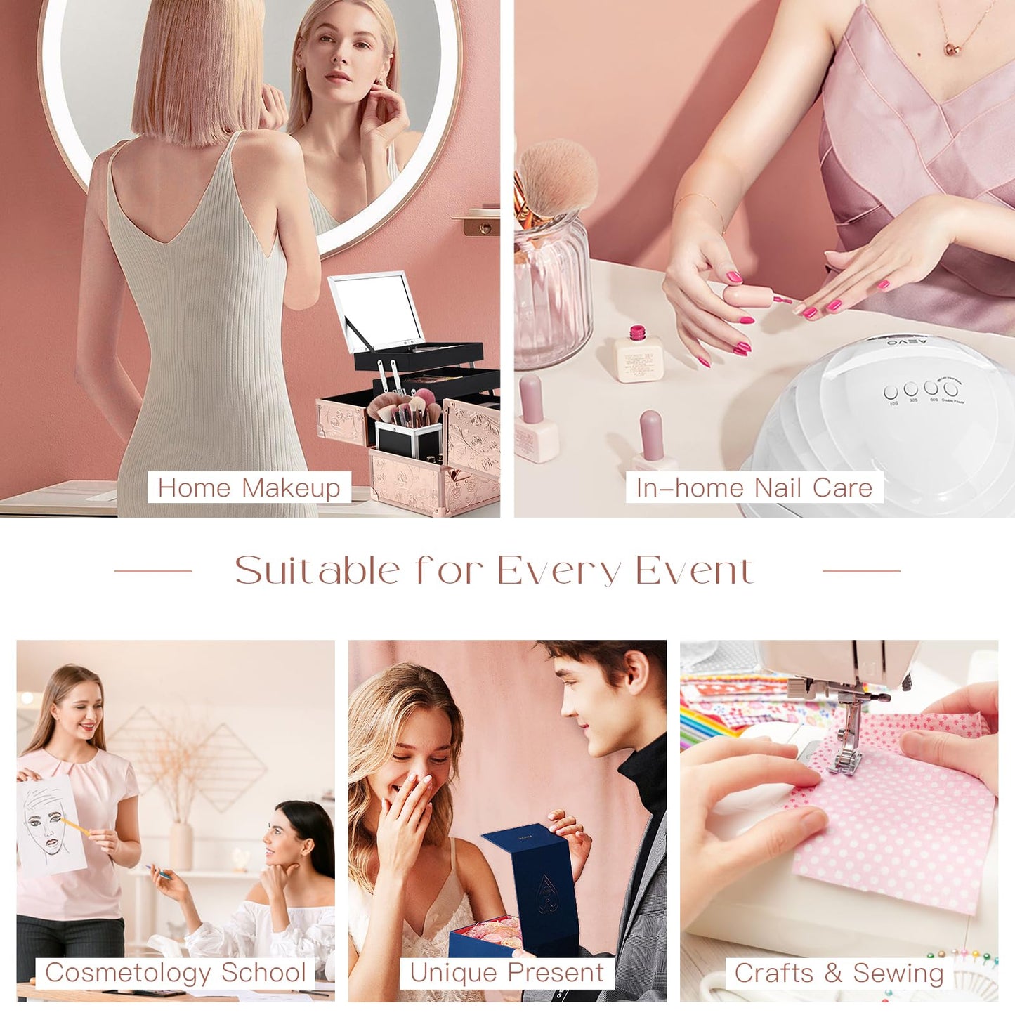 FRENESSA Makeup Train Case 11.8 Inch Extra Large Makeup Organizer Case 3 Trays with Mirror Cosmetic Travel Storage Box for Makeup Artist Nail Art Tech Sewing Supplies Travel Case Rose Gold Floral