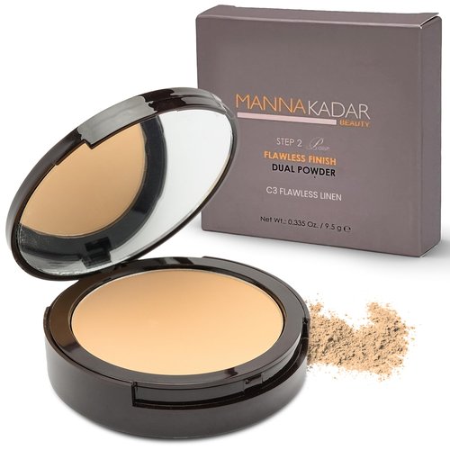 Manna Kadar Beauty Compact Dual Pressed Powder, C3 Linen Shade for Medium Skin Tone, Medium to Full Coverage Oil Absorbing Foundation and Setting Face Powder, Long-Lasting Flawless Matte Finish