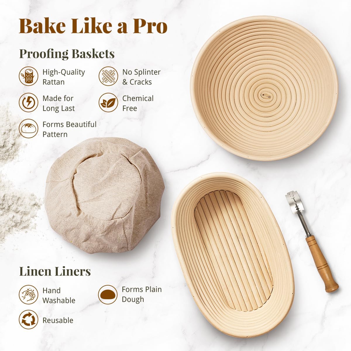Sourdough Starter Kit, 9" Round & 10" Oval Banneton Bread Proofing Baskets Set, Sourdough Bread Baking Supplies Making Tools with Dough Scraper, Whisk, Bread Lame, Silicone Sling, Recipe
