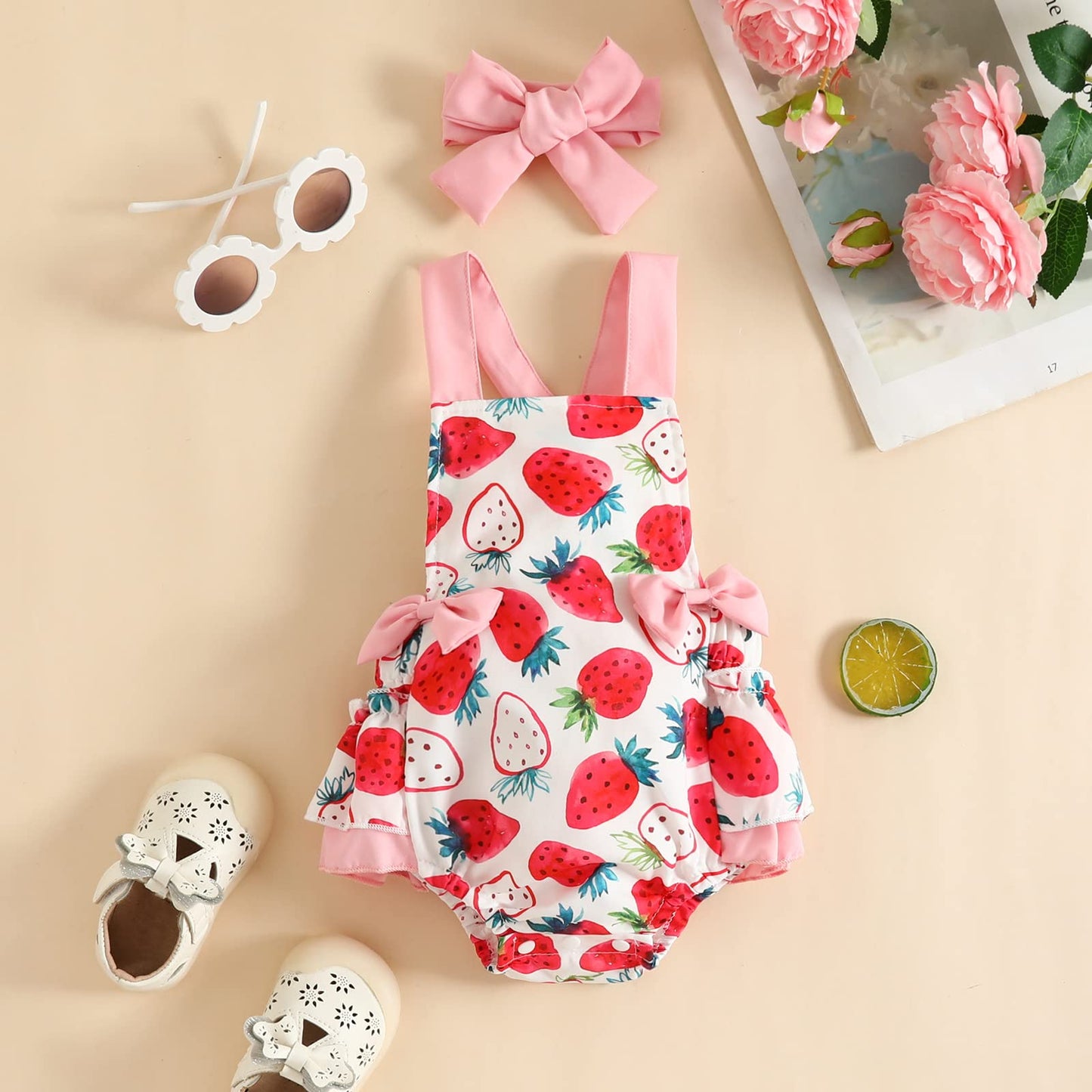 Infant Baby Girl Romper First Birthday Dress Cake Smash Outfits Toddler Strawberry Halloween Cosplay Costume Easter Baptism Christening Romper Wedding Christmas Outfits Pink-Strawberry (2PCS) 0-3M