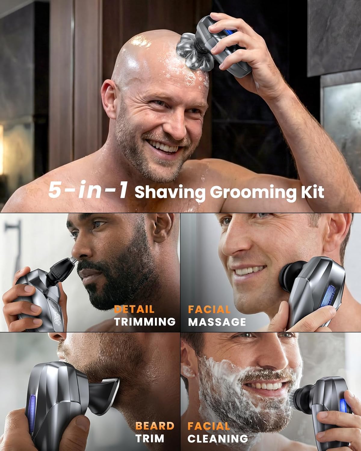 Skiennix 5-in-1 Electric Head Shaver - 7D Floating Waterproof Rechargeable Grooming Kit for Bald Men | Gray