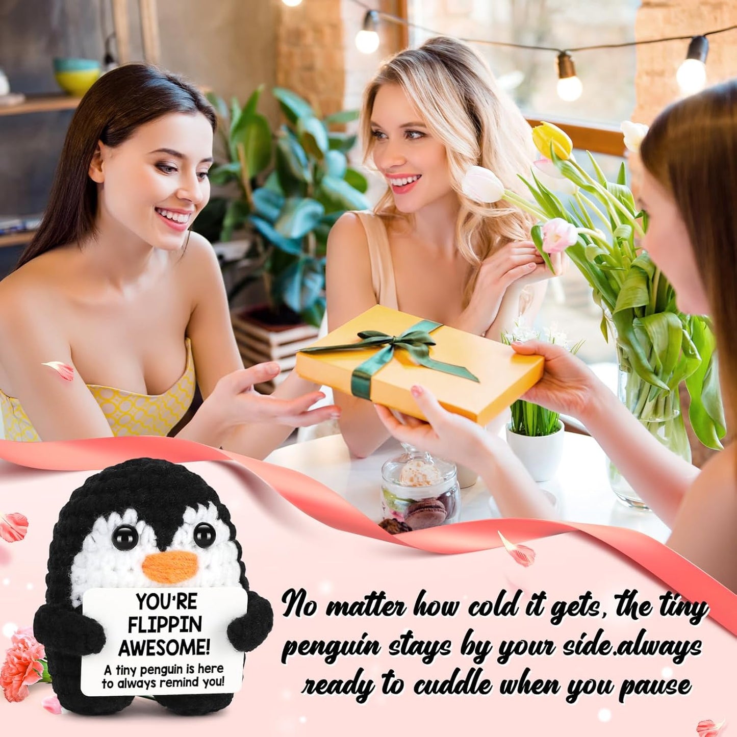 Positive Crochet Penguin, Mini Funny Brithday Galentines Valentines Gifts for Women Men Teens Boys Girls, Inspirational Appreciation Gifts for Coworker Friend Sister Her Him, Emotional Positive Decor