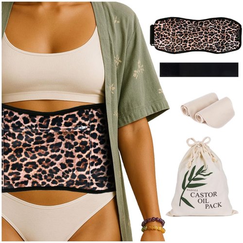 OASIZZ Premium Reusable Castor Oil Pack Wrap for Stomach (5-Piece, 29-56", Cheetah) Plush 100% Double Brushed Cotton Flannel Interior Layers, Dark Fabric Hides Stains, Leak-Resistant Adjustable Design