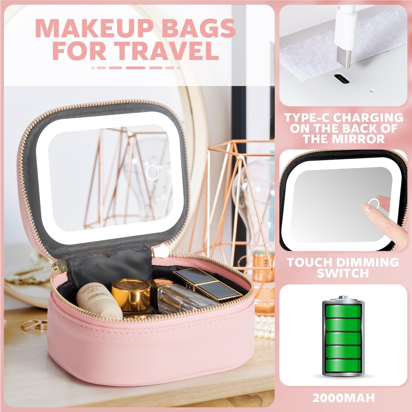 Extrei Gent Small Makeup Bag Travel Train Case with Mirror and Light Mini Travel Makeup Train Case Cosmetic Organizer 3 Adjustable Brightness Toiletry Bag Portable Artist Storage