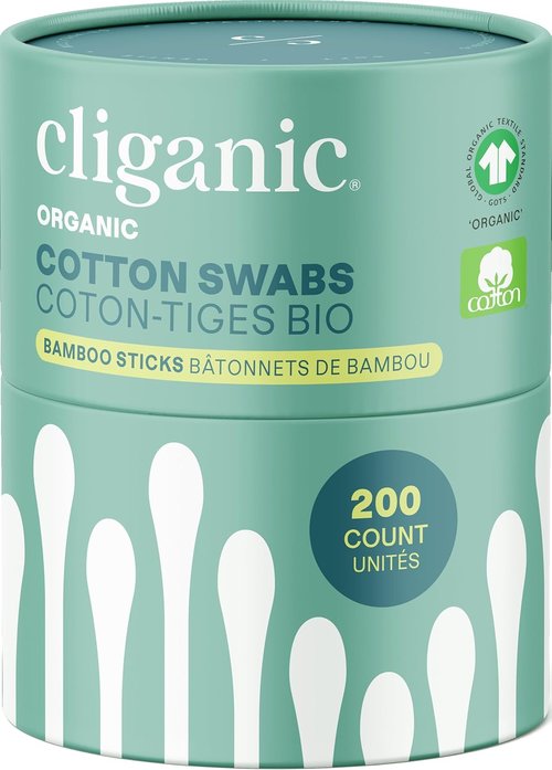 Cliganic Organic Bamboo Cotton Swabs - 200 Count of 100% Pure Natural Cotton, Hypoallergenic & Soft