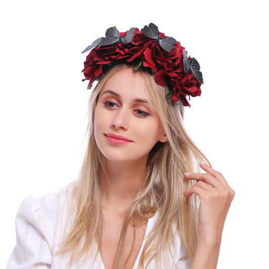 Love Sweety Women Halloween Vintage Crown Rose Headband Butterfly Gothic Floral Headpiece (Red)