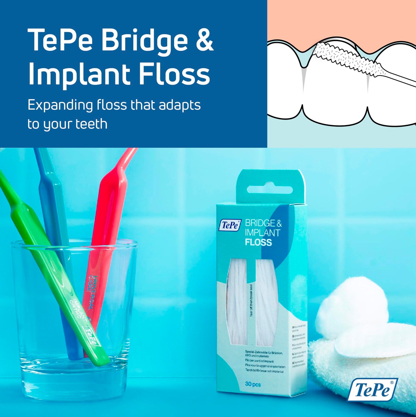 TePe Bridge and Implant Floss for Dental Implants, Bridges, and Braces, Dental Flossers, 30 Pieces