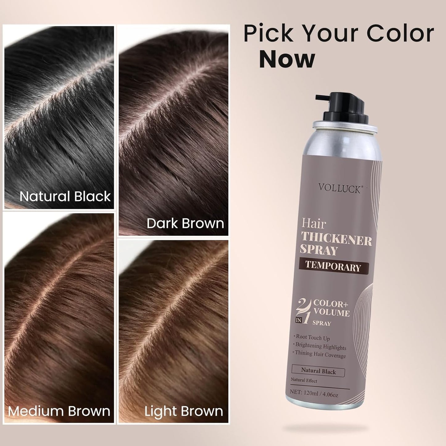 VOLLUCK Root Touch Up Hair Color Spray - Ammonia-Free, Quick Drying Grey Coverage for Men & Women | Black