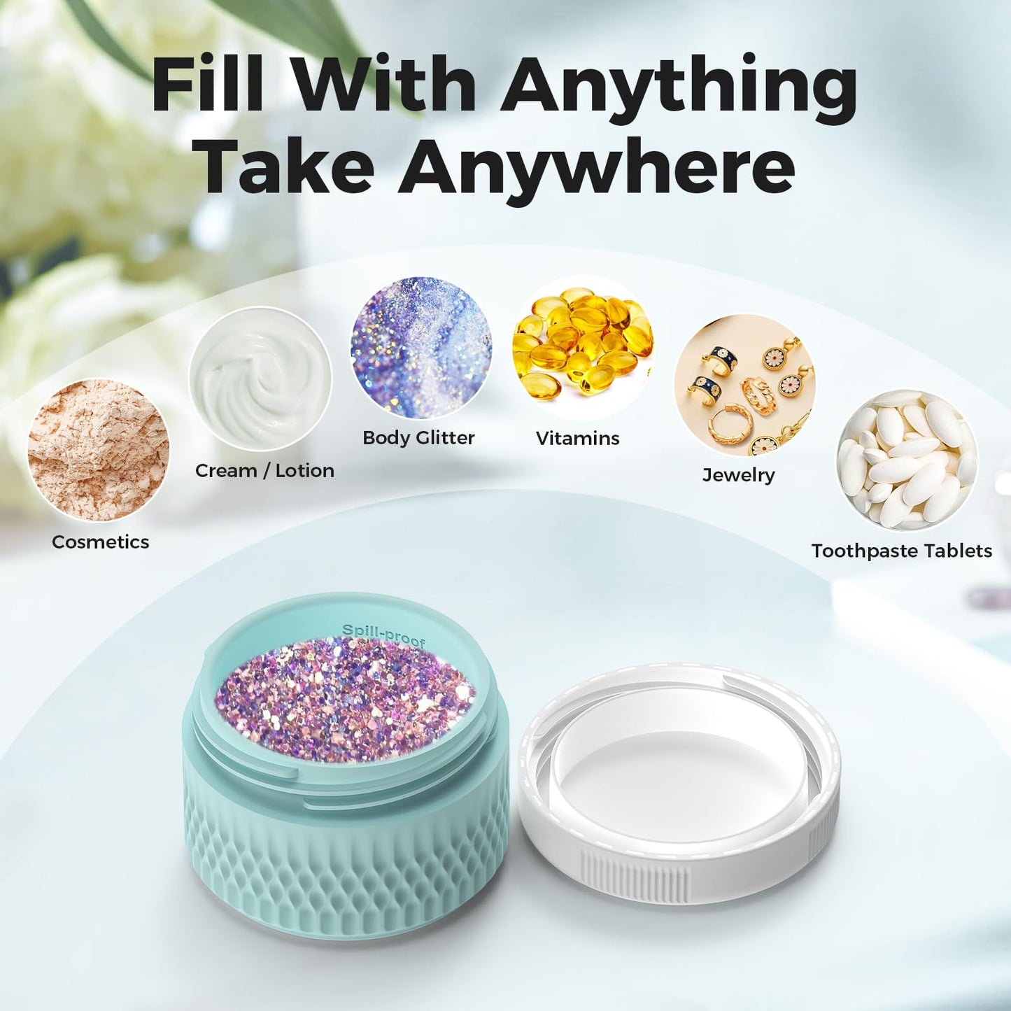 Travel Containers for Toiletries, Silicone Cream Jars BPA Free, TSA Approved 3oz Travel Size Containers, Leak-proof Travel Essentials with Lid for Cosmetic Face Hand Body Glitters