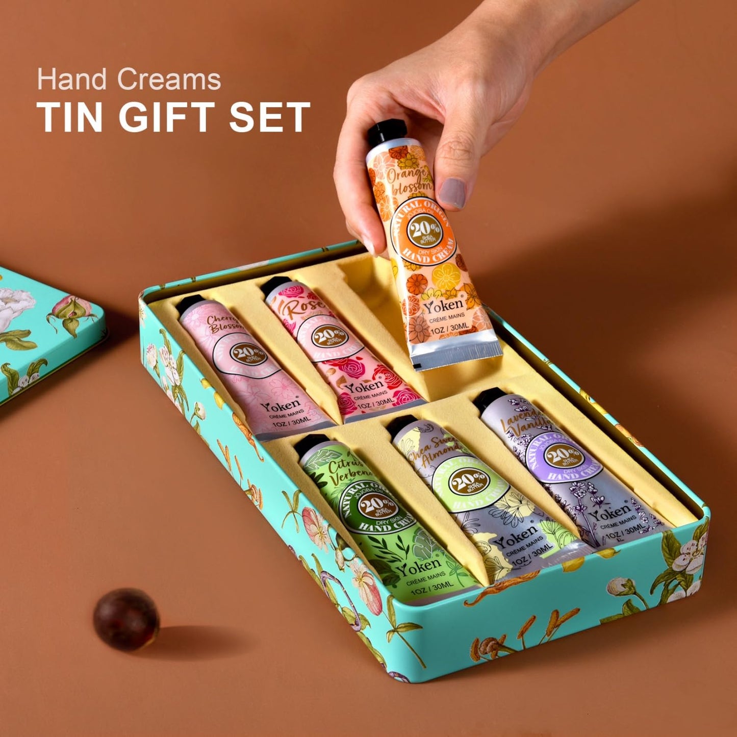 Yoken 20% Shea Butter Hand Cream Gift Set - Nourishing Moisturizing Creams for Dry Hands | 6-Piece Tin Set (Almond, Citrus Verbena & Floral, 6 x 1 OZ)
