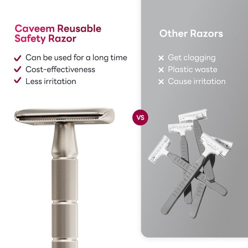 CAVEEM Double-Edge Safety Razor - Reusable Metal Razor with 5 Stainless Steel Blades | Silver Matte Finish