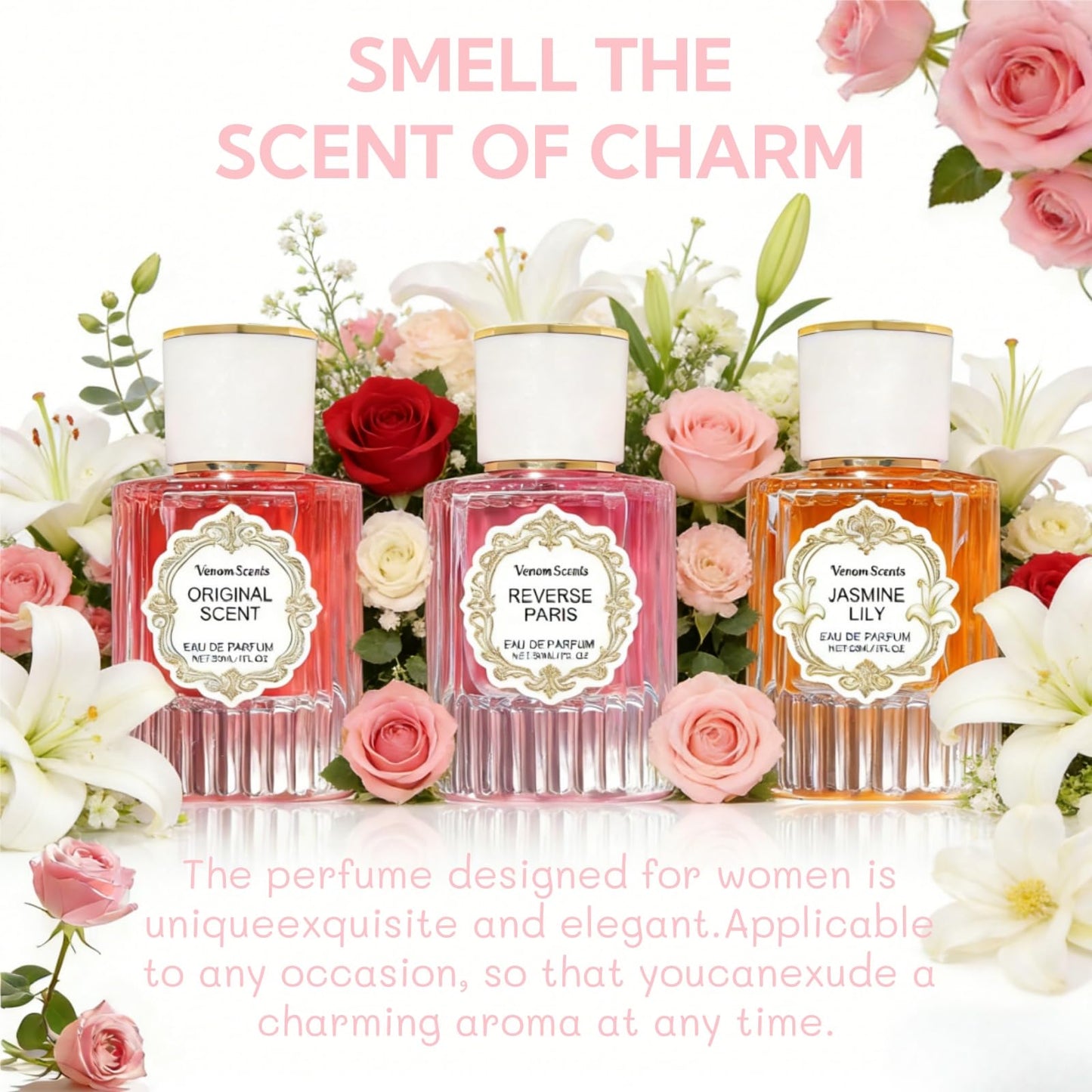 Venom Scents 3PCS Pheromones Perfume Collection for Women (30ml Each) - Jasmine, Lily & Peony Scent | Long-Lasting Floral Fragrance