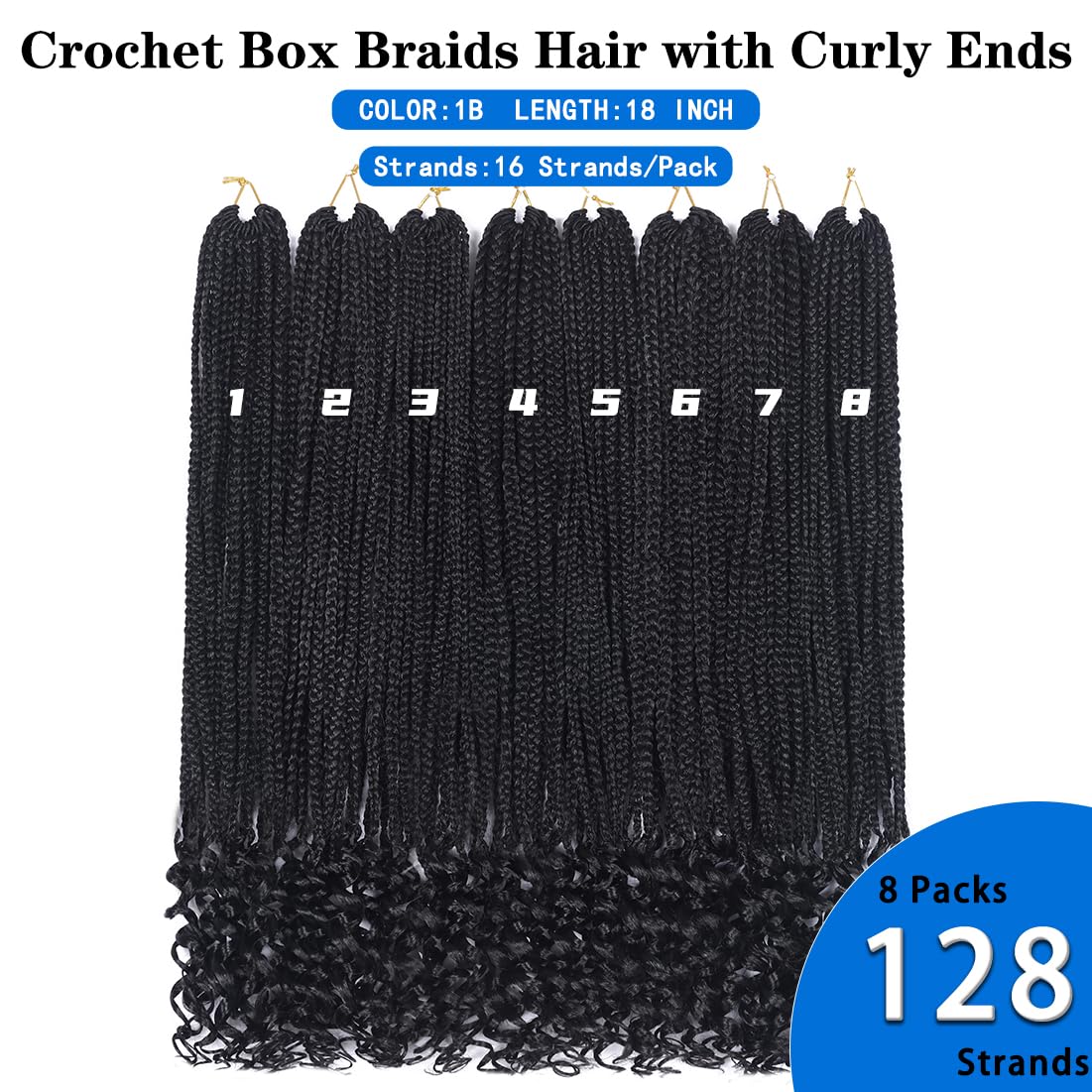 8 Packs 18 Inch Crochet Box Braids Hair with Curly Ends Pre looped Goddess Box Braids Crochet Hair Box Braids Braiding Hair Crochet Braids Hair for Women(18 inch,1B)