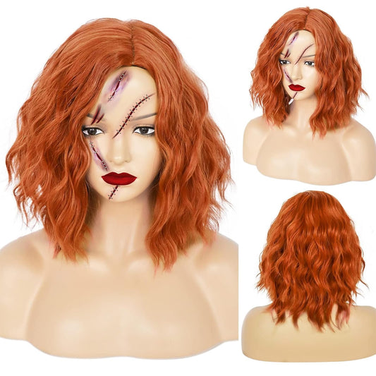 JoneTing Ginger Wig 【+Wig Cap】 Short Curly Orange Wig for Halloween Party Ginger Wavy Bob Wig for Women Orange Curly Wig Movie Cosplay Wig for Daily Dress Up Wig for Chrismas Costume Party