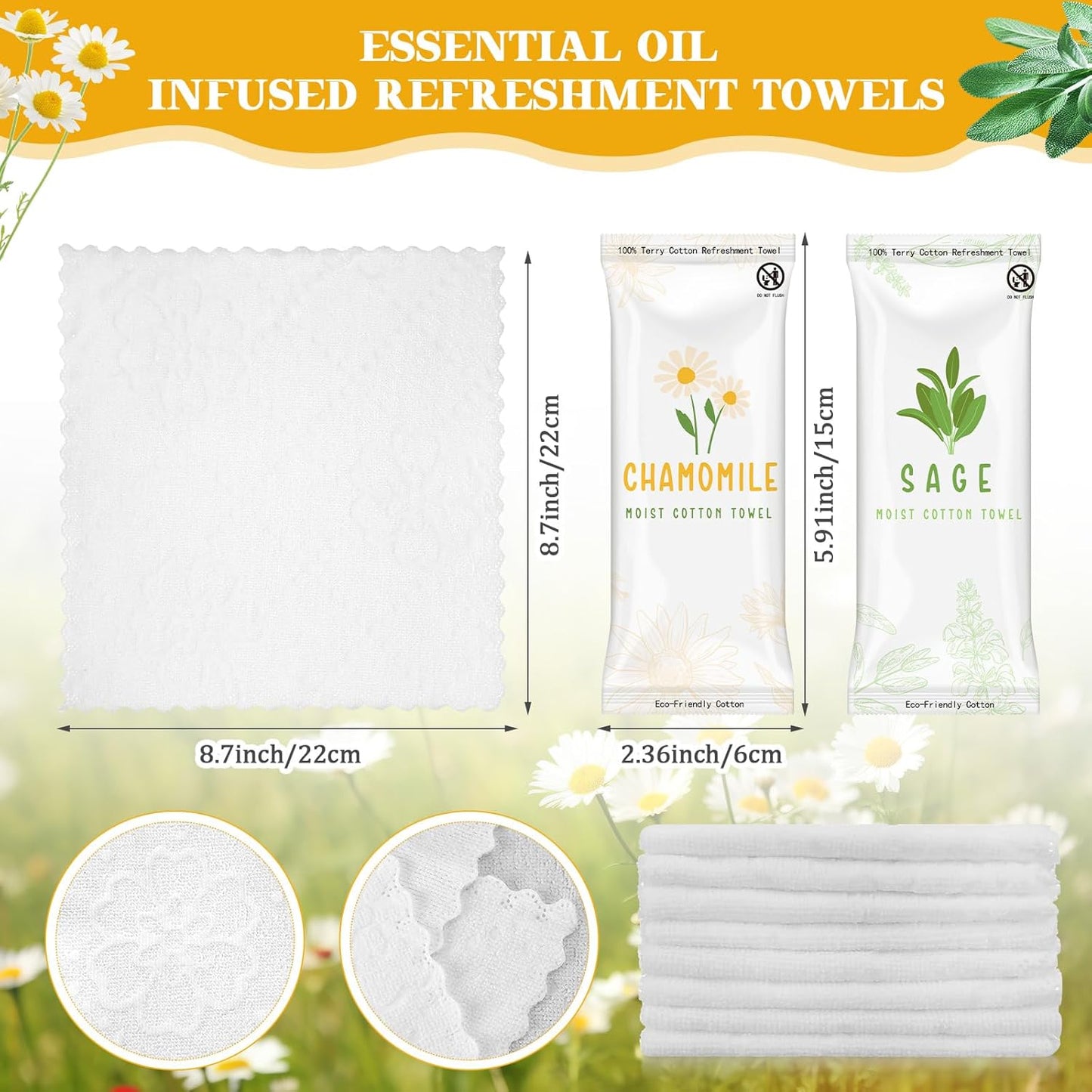 Timgle Moist Towelettes - 50 Individually Wrapped Scented Disposable Face Towels | Essential Oil Infused, Hot/Cold Use (Sage, Chamomile)
