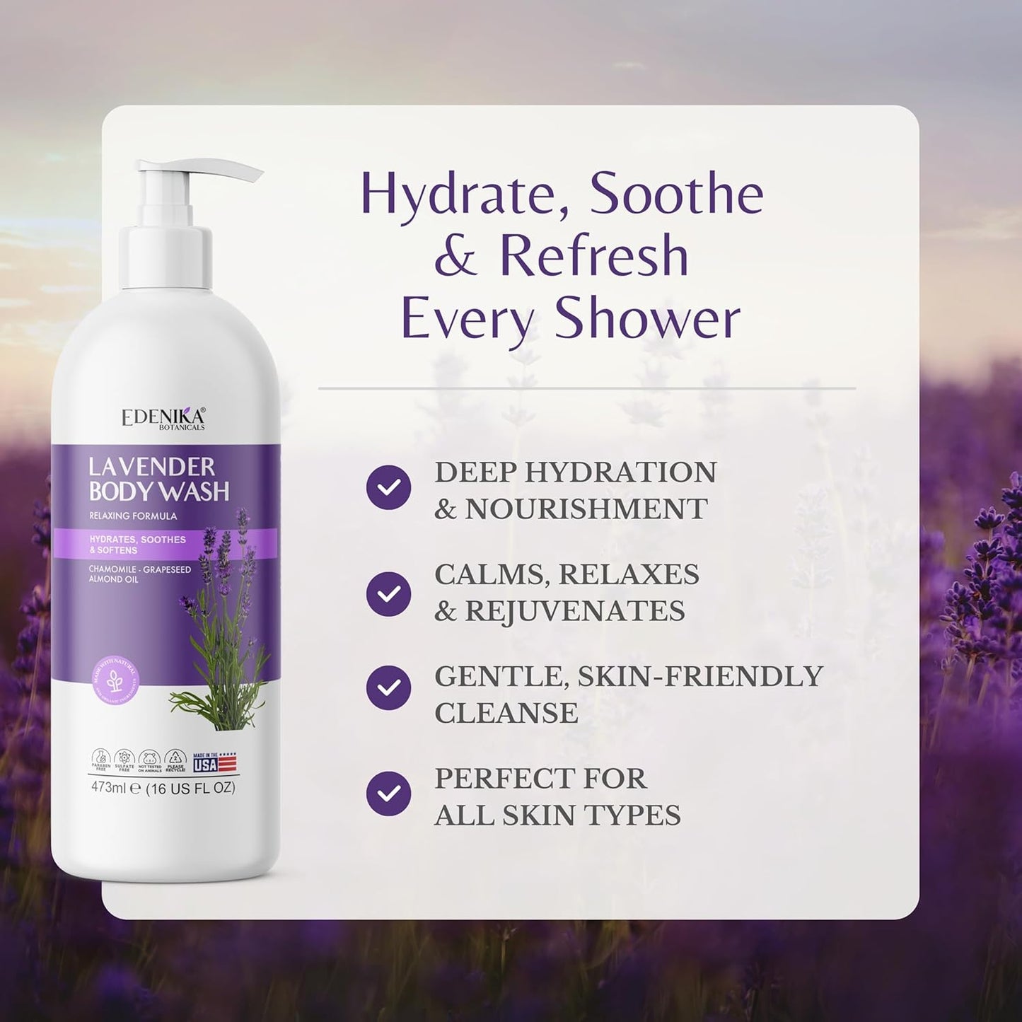 Edenika Lavender Body Wash - Vitamin E Infused, Moisturizing & Relaxing Shower Gel | 16 fl oz, 2-Pack