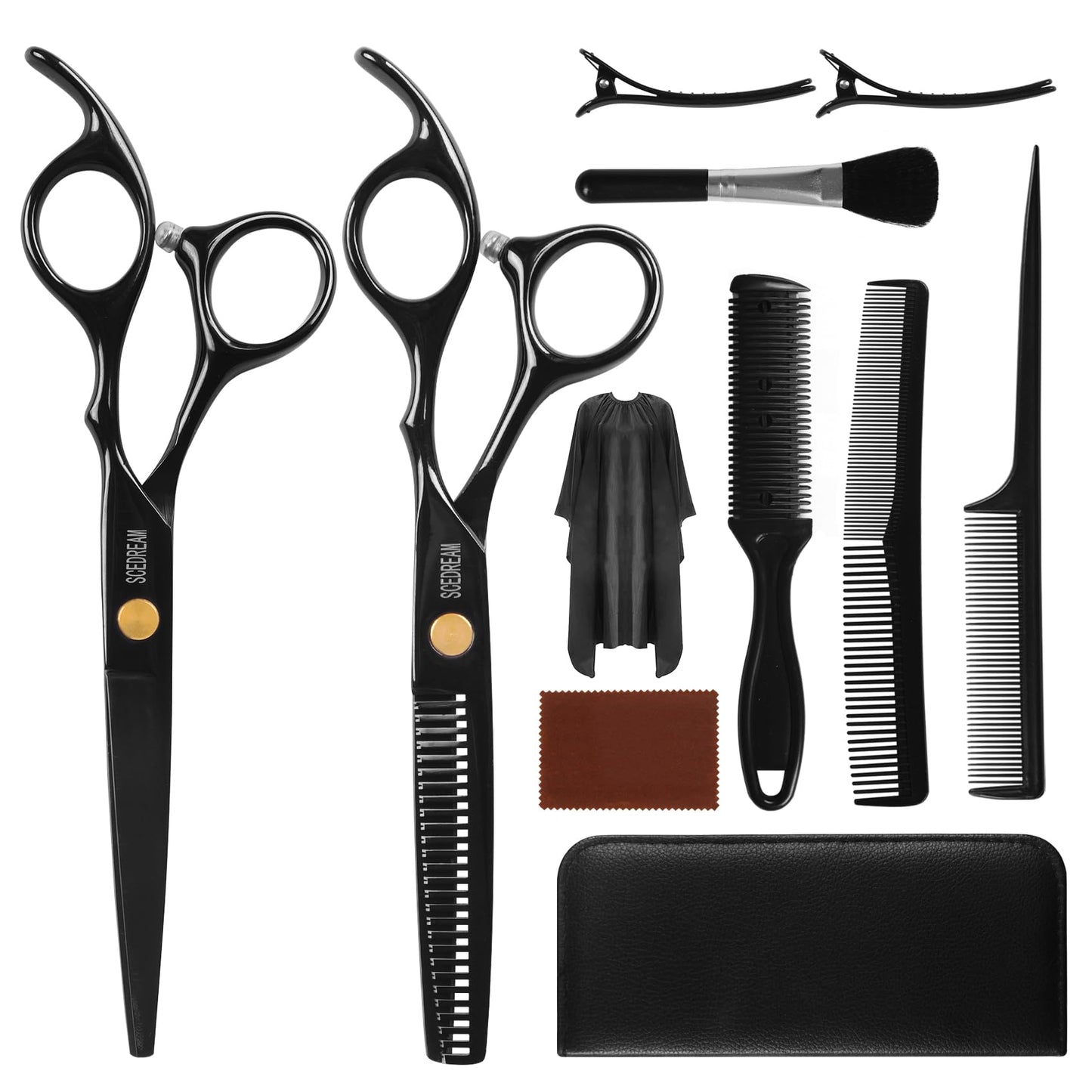 SCEDREAM 11 PCS Hair Cutting Scissors Kit Professiona Set Haircut Scissors with Thinning Scissors, Cutting Scissors, Comb, Cape, Clips, Brush, Leather Bag, Hair Shears Set for Barber, Salon, Home