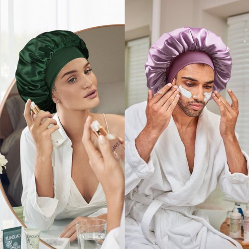 Doitory Satin Silk Bonnet for Sleeping, Double Layer Silk Sleep Cap for Men & Women, Soft Satin Lined Bonnet for Natural & Curly Hair(Dark Green)