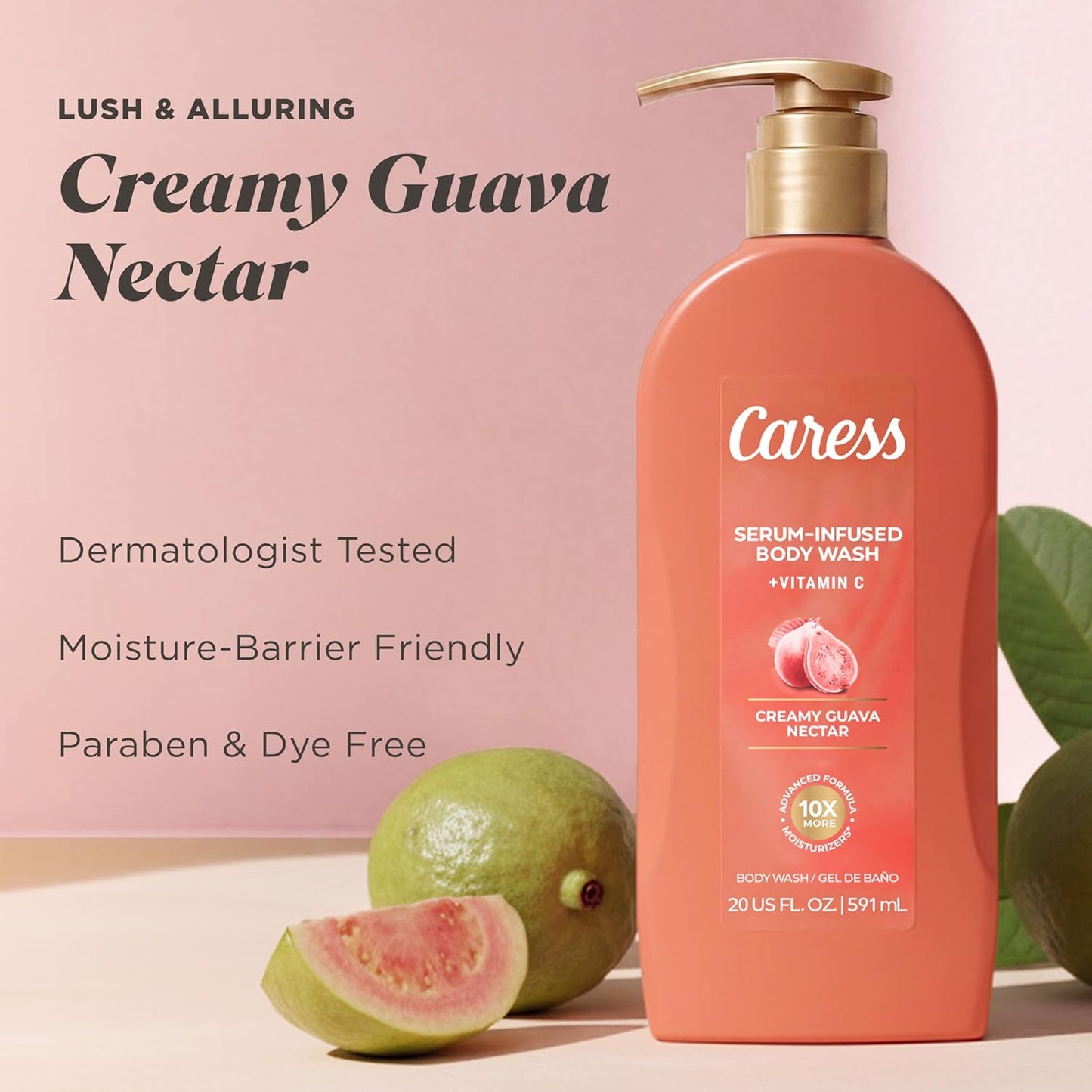 Caress Creamy Guava Nectar Body Wash - Serum-Infused, Vitamin C Formula, 20 fl oz | 4 Pack