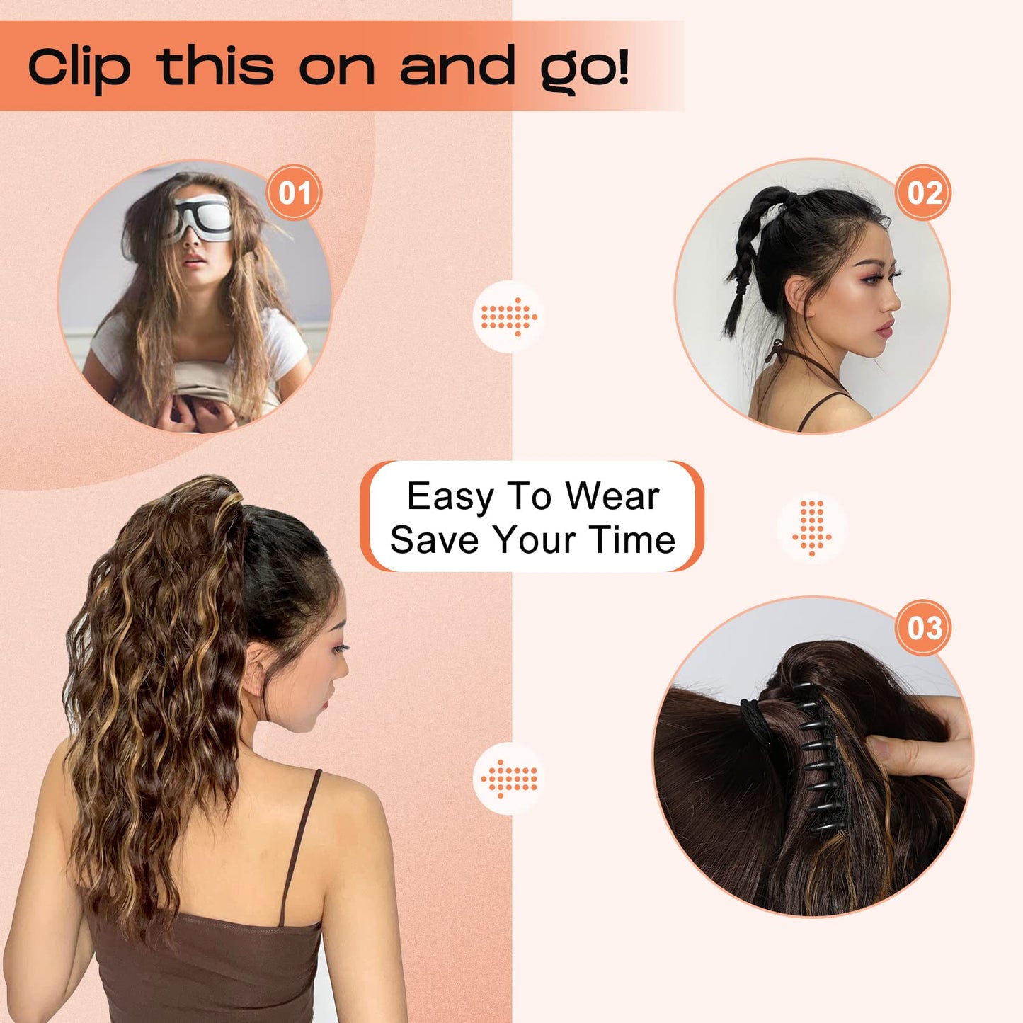 SEIKEA 18" Highlight Ponytail Extension, PT002 Tia Claw Long Multi Layered Fluffy Thick Wavy Curly Jaw Clip in Fake Pony Tails Fake Hair Soft Synthetic Hairpiece Chocolate Brown Blonde Highlights