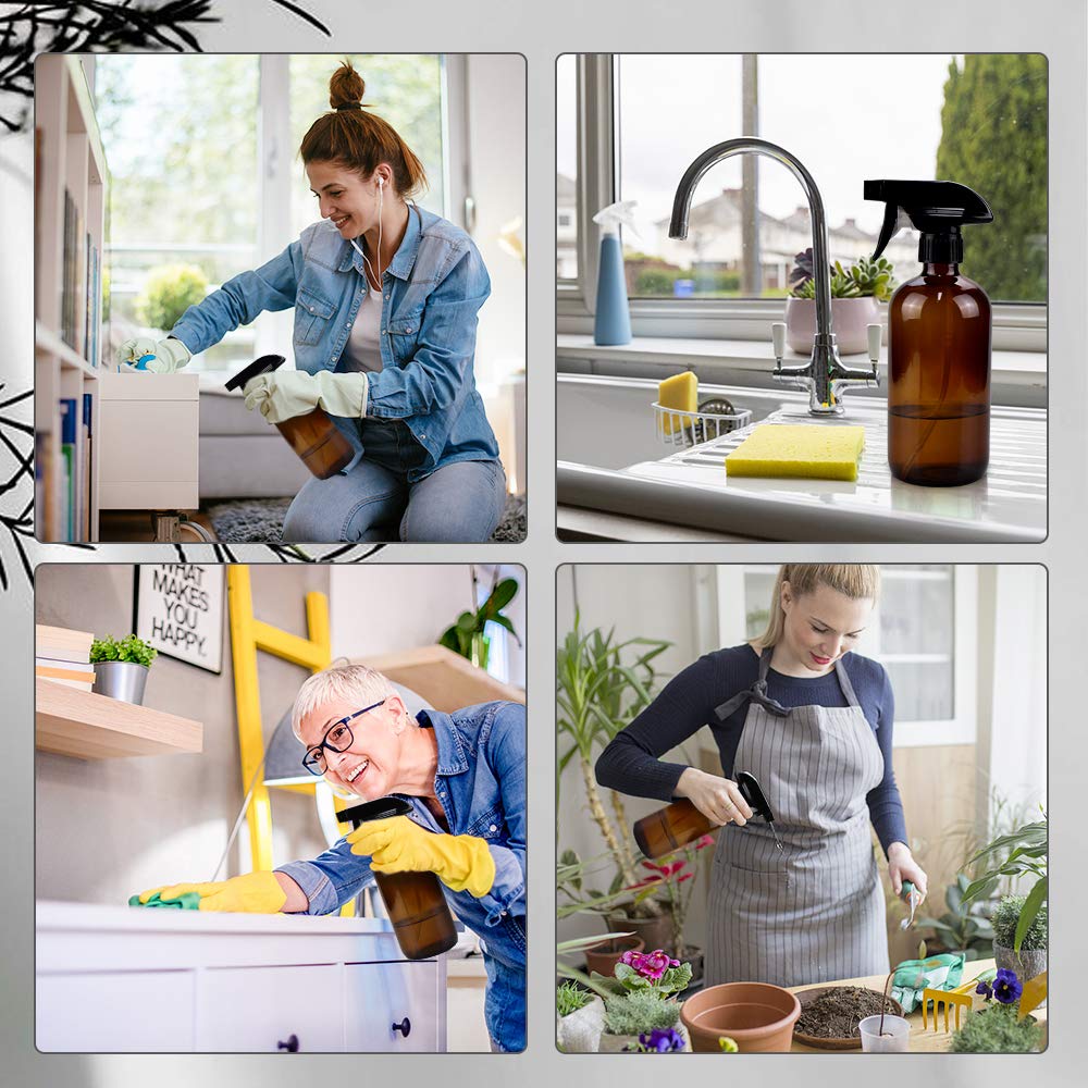Worldgsb 16oz Amber Glass Spray Bottles - Reusable with Labels & Adjustable Nozzle for Cleaning, Food, Plants