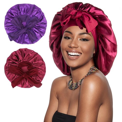 Arqumi Pack of 2 Satin Sleeping Bonnet, Large Satin Sleep Bonnet with Long Strap, Adjustable Sleep Cap Hair Bonnet for Women & Men, Purple+Red