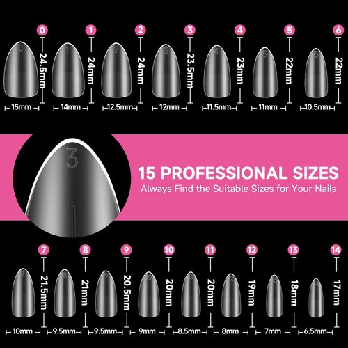 UNA GELLA Gel Nail Tips Medium Almond Shape, Pre Etched Full Cover Almond Press On Nail Tips For Extensions - At Home Matte Acrylic Fake Nails 504pcs, 15 Sizes