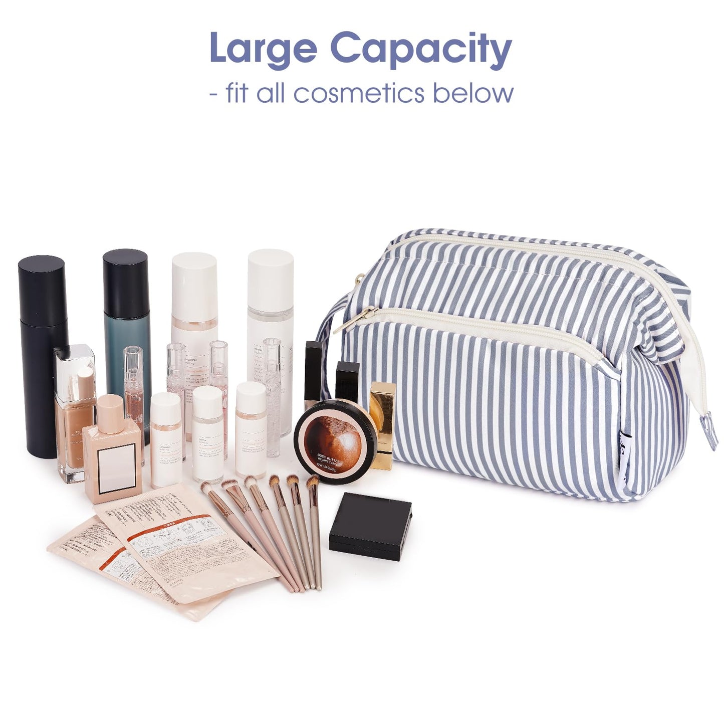 Narwey Striped Wide Open Makeup Bag Women, Travel Toiletry Bag for Women Cosmetic Bag Organizer Make up Bags with Compartments, Gift for Teen Girls (Greyish Blue Stripe)