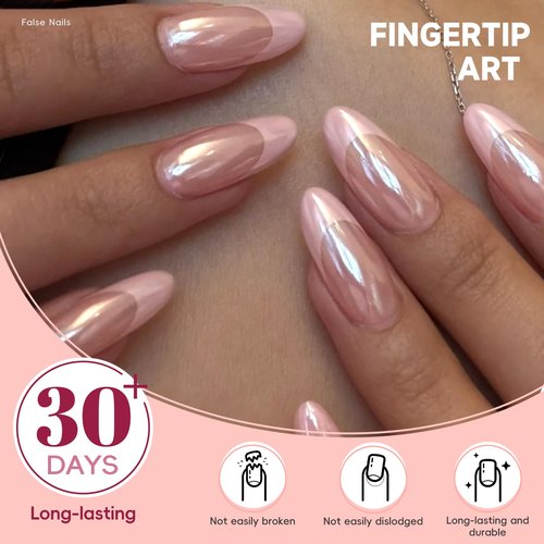 HOSAILY Pink Chrome French Press on Nails Medium Almond, 24Pcs Pink Aurora French Tips with Iridescent Shimmer Design Fake False Nails for women, Elegant Pretty Daily Wear for Old Money Chic