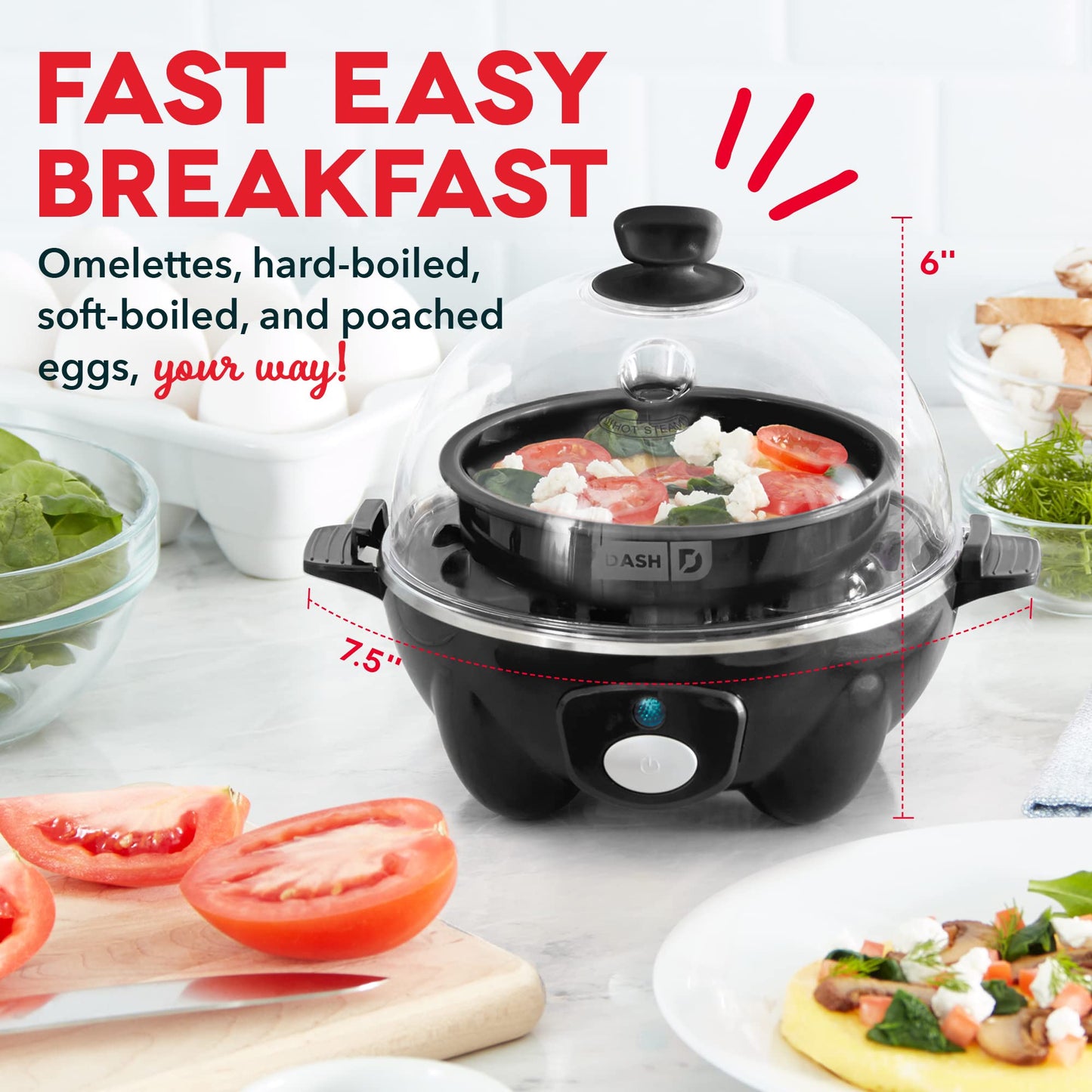Dash Rapid Egg Cooker - Boiler, Poacher & Steamer - Includes Measuring & Recipe Guide - Dishwasher Safe - Holds 7 Eggs, Black