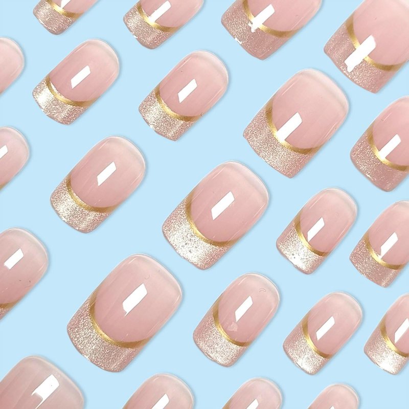Short Press on Nails Cute Square French Tip Fake Nails with Glitter French Designs Nude Glossy Acrylic Nails Gold Stripes False Nails Reusable Artificial Glue on Nail for Women Girls 24Pcs