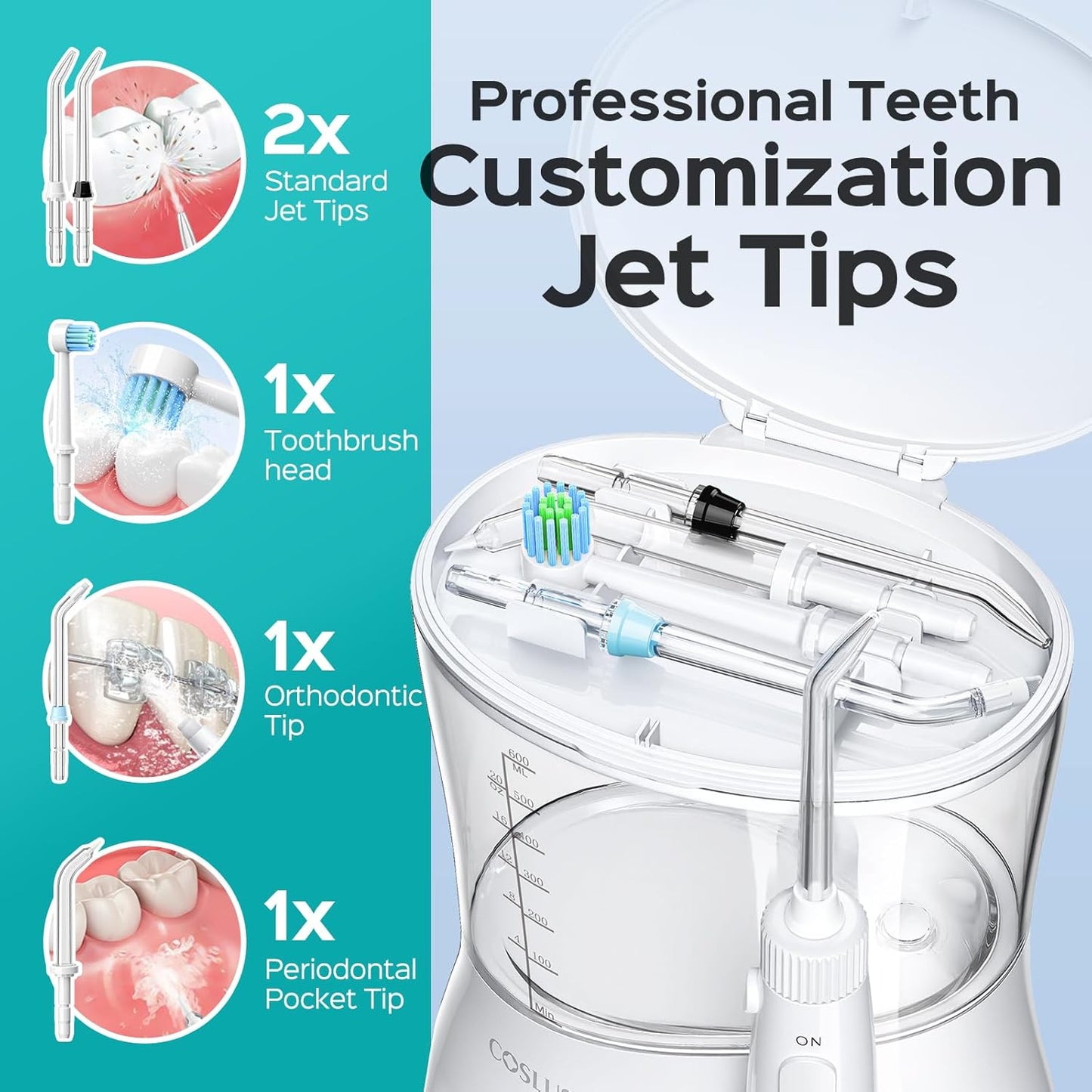 COSLUS E1 Electric Water Flosser - Professional Dental Pick for Orthodontics & Sensitive Gums | 12 Pressure Settings & 5 Tips, White