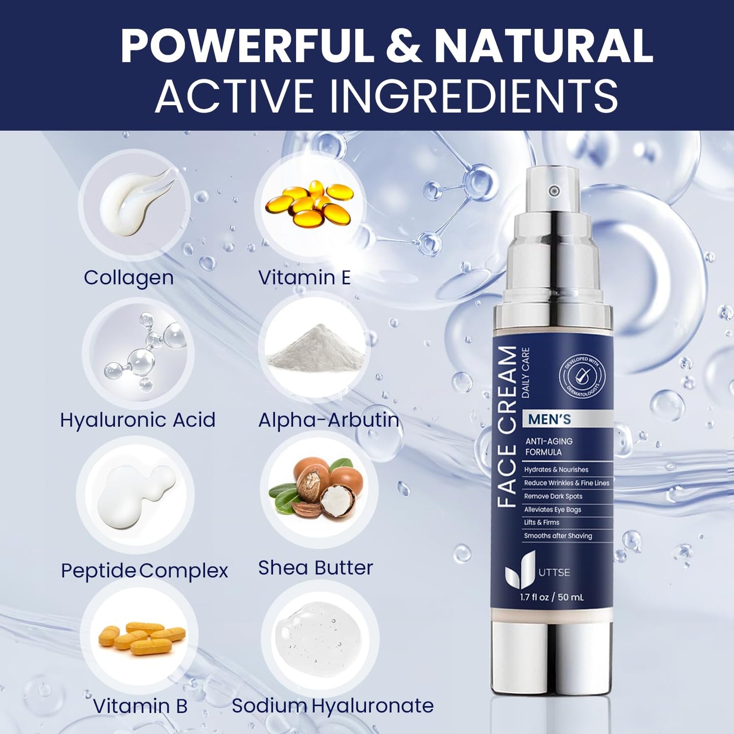 Uttse 6-in-1 Mens Face Moisturizer: Anti Aging Face Cream - Eye Bags Treatment - Skin Care for Men - 1.7 fl oz